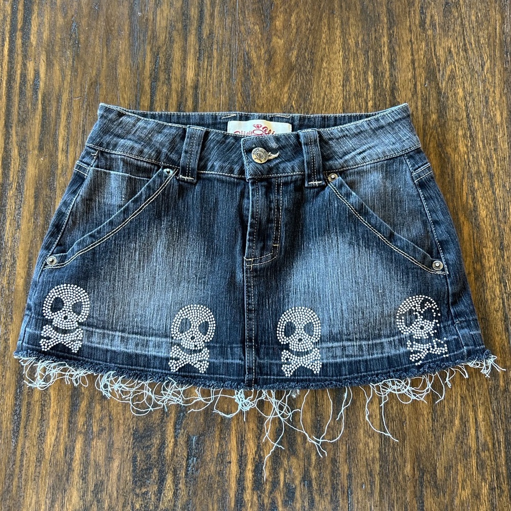 Bling Bling VTG Y2K Grunge Rhinestone Embellished Skull Denim Mini Skirt